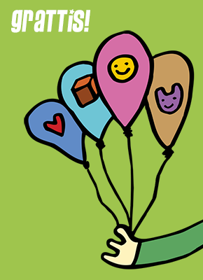 Illustration av en hand med fyra ballonger med olika emojis på ballongerna och texten grattis.